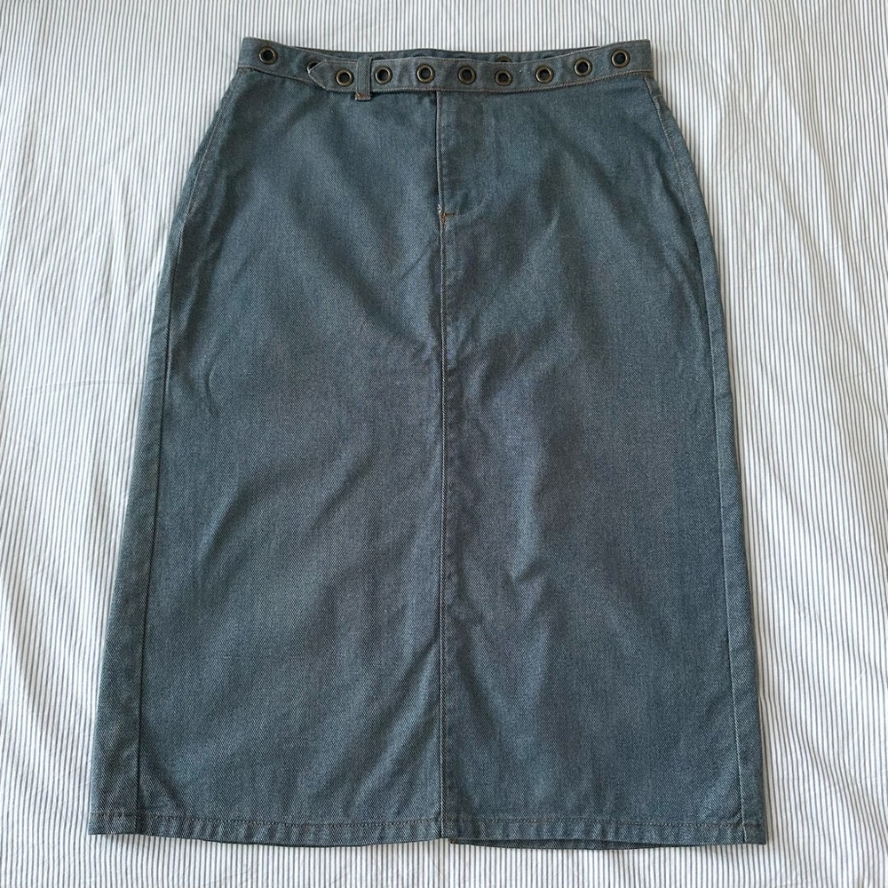 Vintage Gap grommet belted denim midi skirt